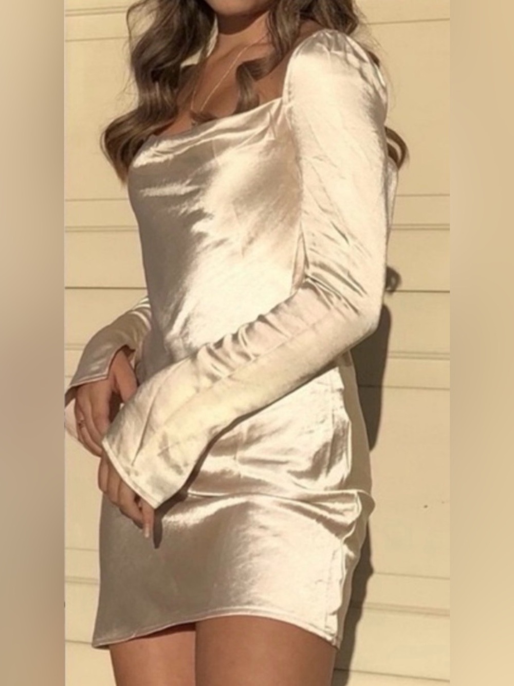Princess Polly Satin Star Power Champagne Long Sleeve Satin Silky Mini Dress